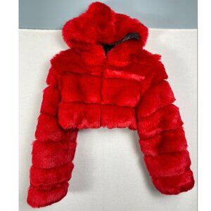 Faux Fur Red Cropped Hooded Jacket Womens Size Small